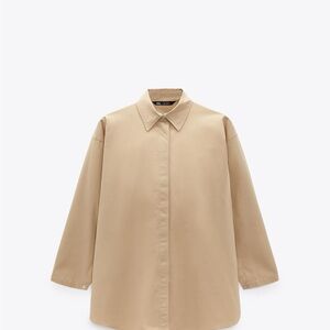 Zara Oversized dress Shirt vented sleeve button down poplin blouse taupe brown